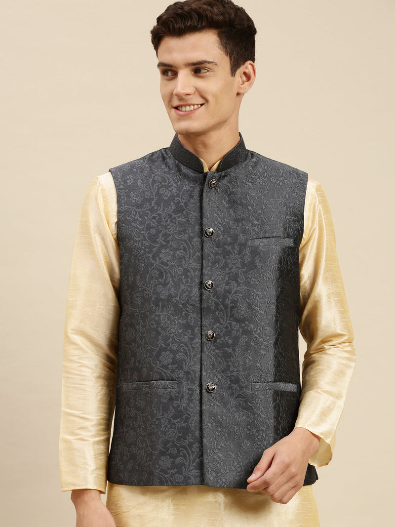 grey printed silk nehru jacket for men