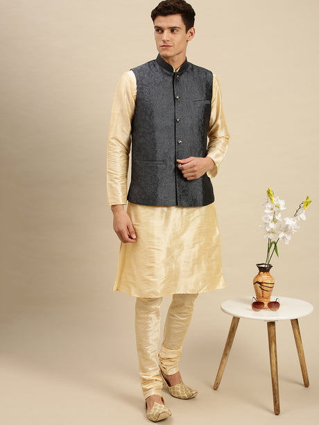 grey printed silk nehru jacket for men sanwara