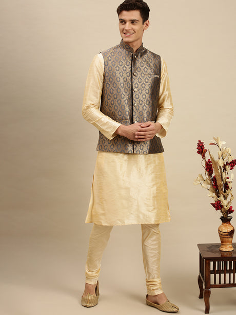 grey gold printed silk nehru jacket for men sanwara