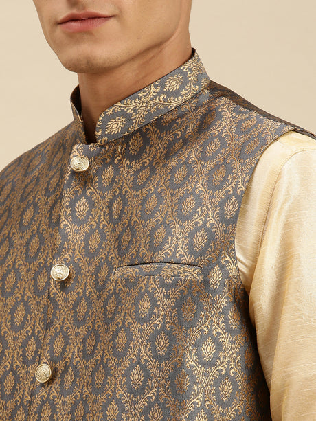 sanwara men grey gold printed art silk ethnic bandi jacket