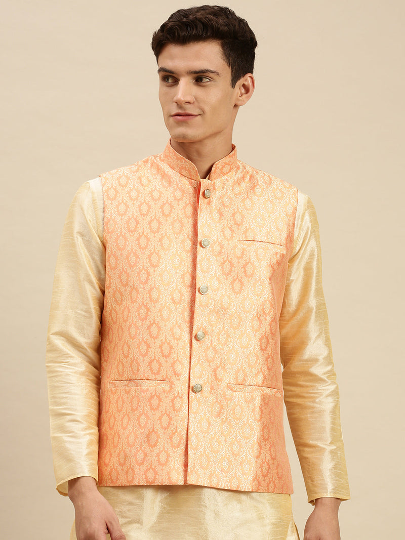 pink printed silk nehru jacket for men