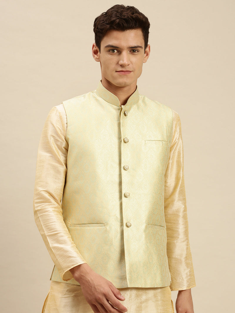 pista green printed silk nehru jacket for men