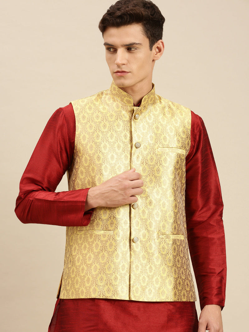 yellow printed silk nehru jacket for men