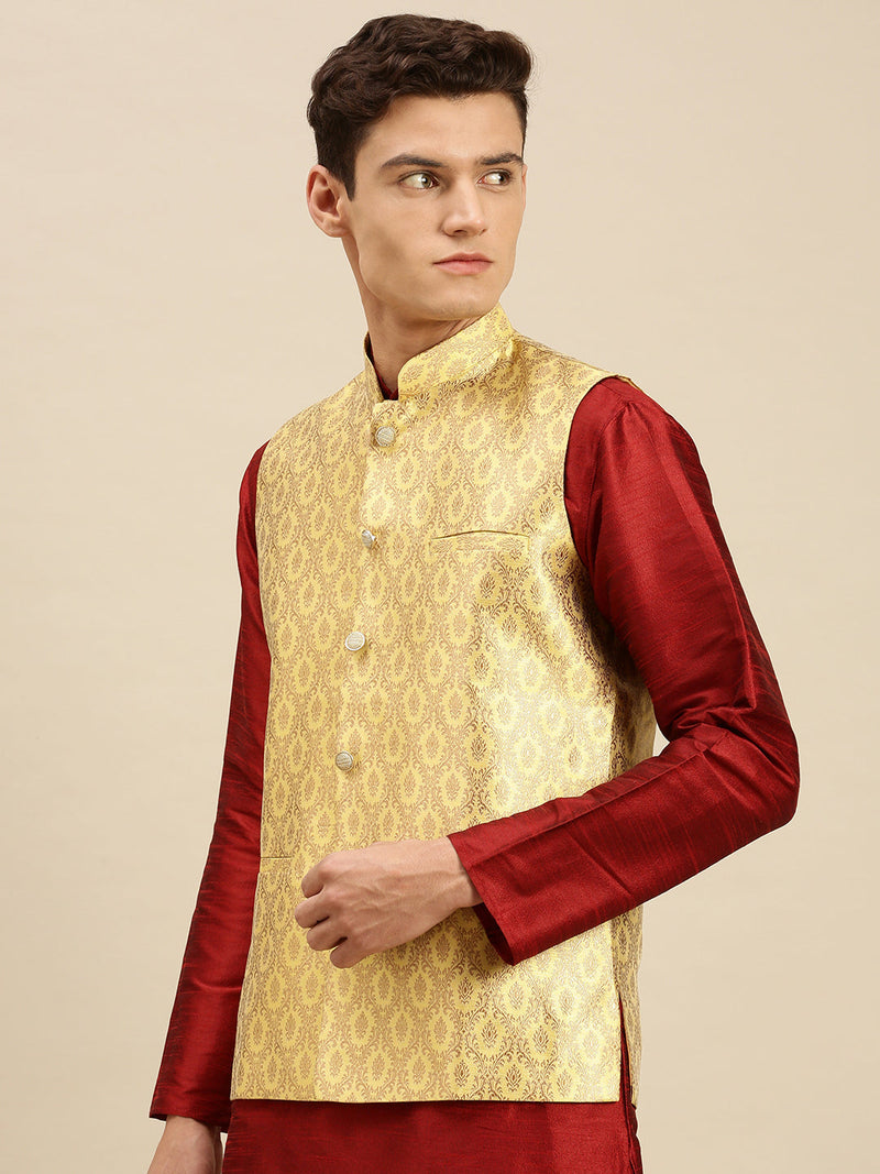 sanwara men yellow printed art silk ethnic bandi jacket
