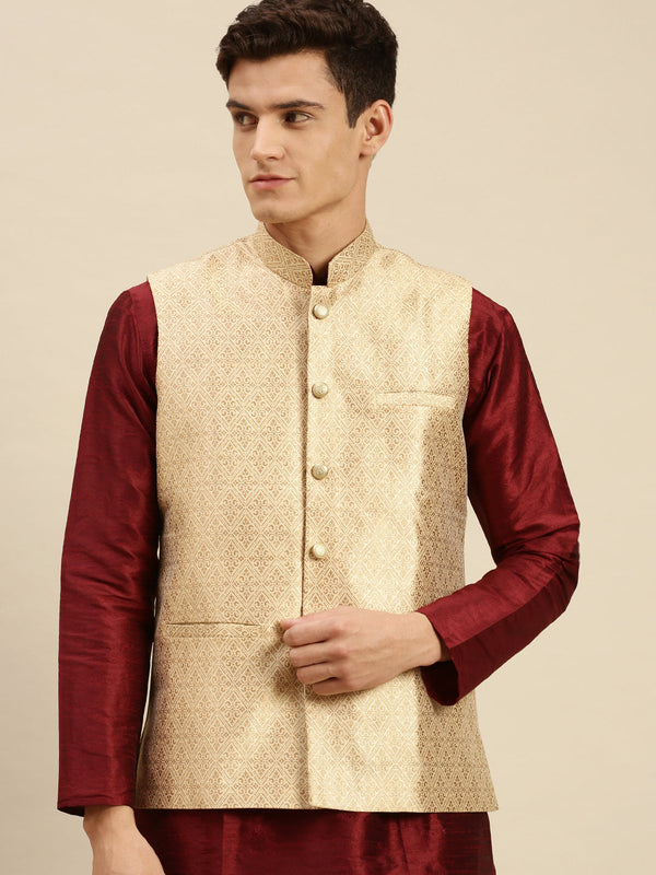 biege printed silk nehru jacket for men