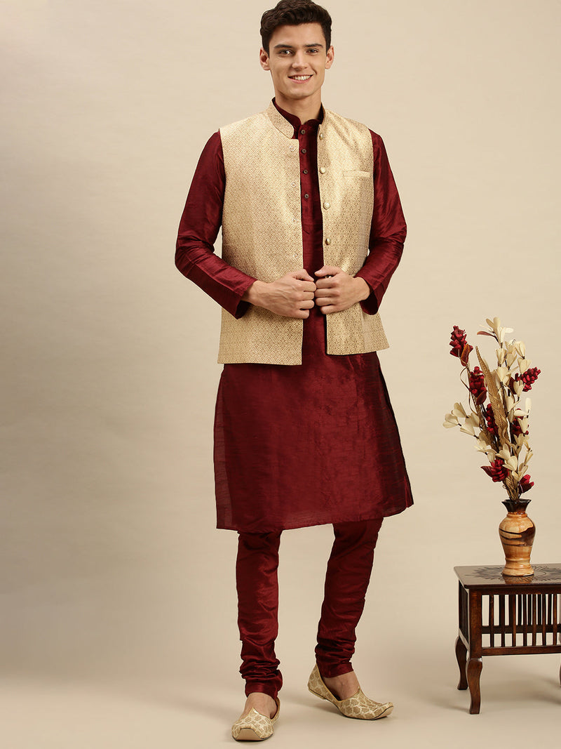 biege printed silk nehru jacket for men sanwara