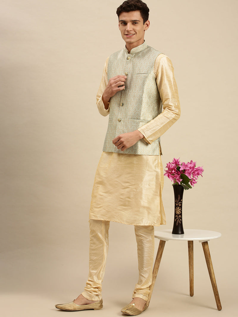 steel green printed silk nehru jacket for men sanwara