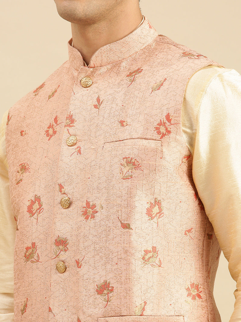 sanwara men peach printed art silk ethnic bandi jacket