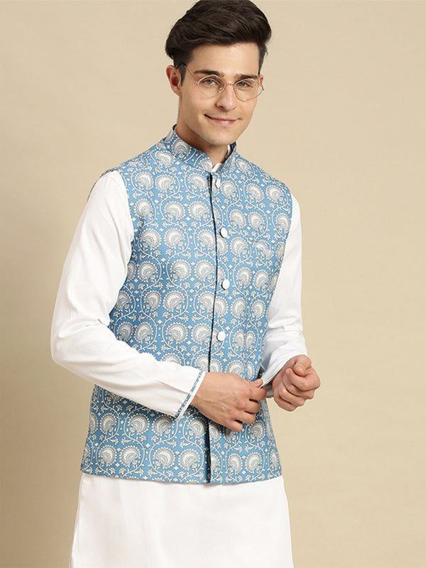 light blue printed silk nehru jacket for men