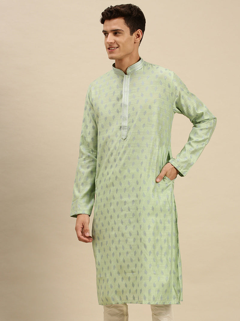 light green jacquard full sleeve kurta for men online