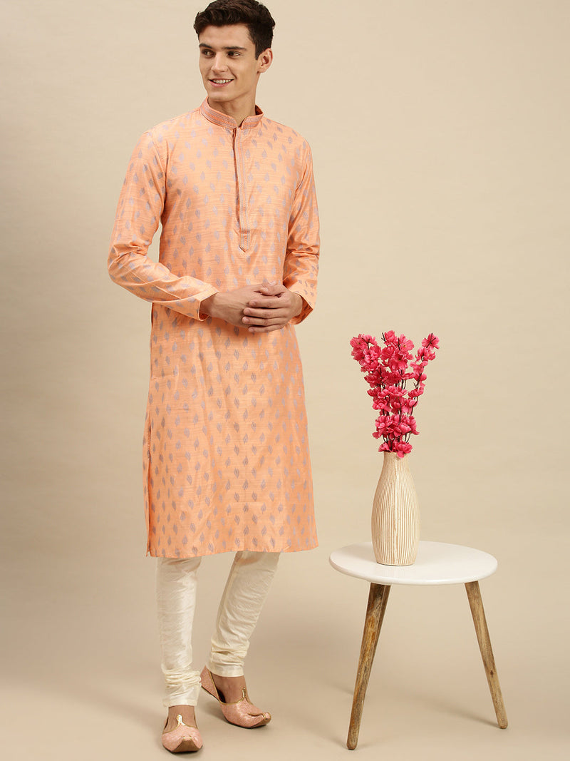 buy light pink jacquard woven design kurta for men