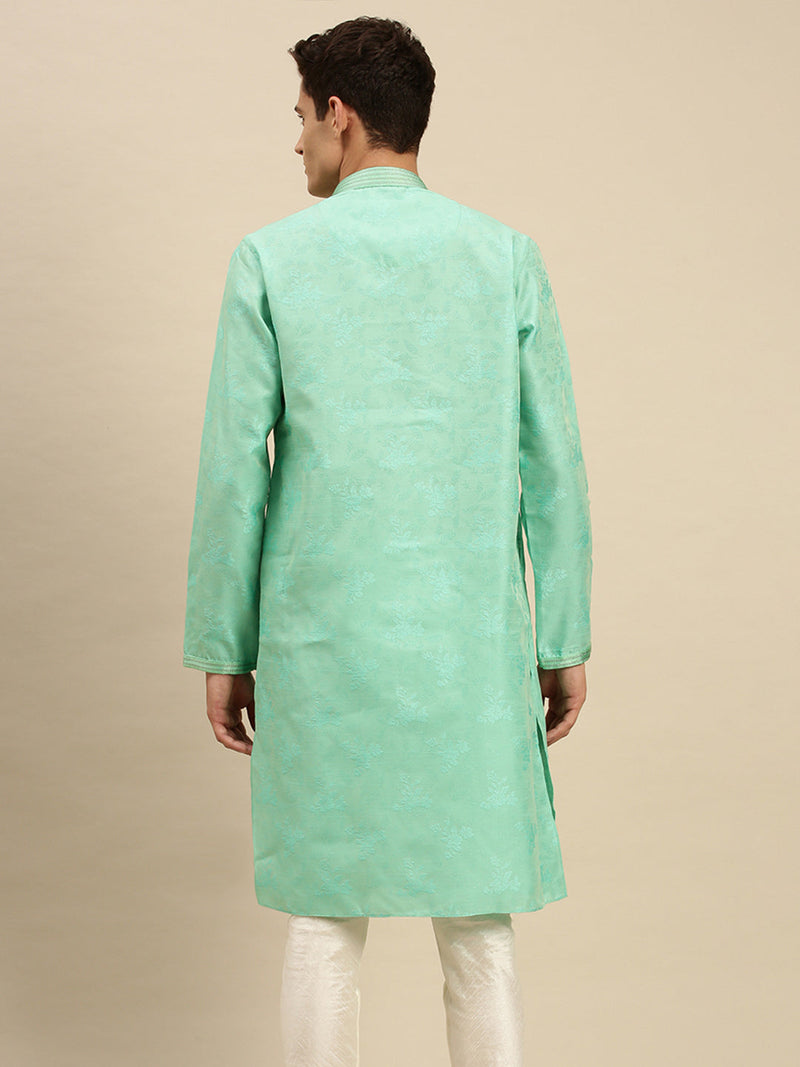 green jacquard woven design kurta for men online