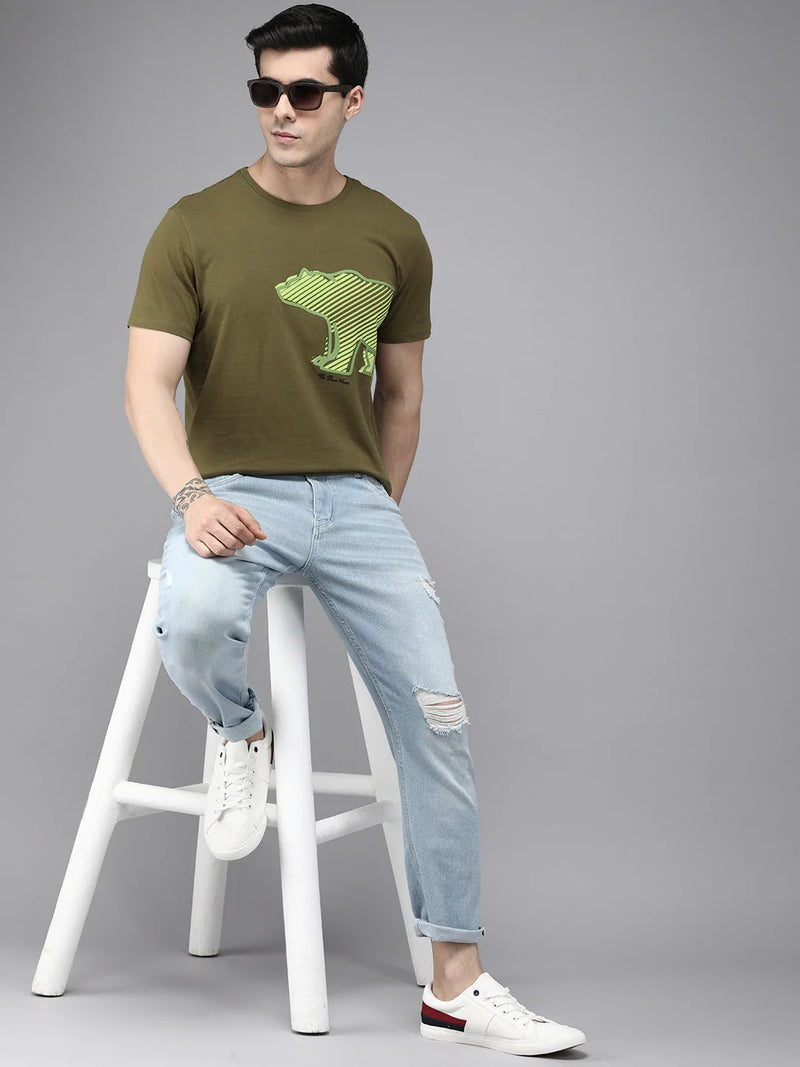 the bear house arrive ardor edition olive green printed pure cotton slim fit t-shirt