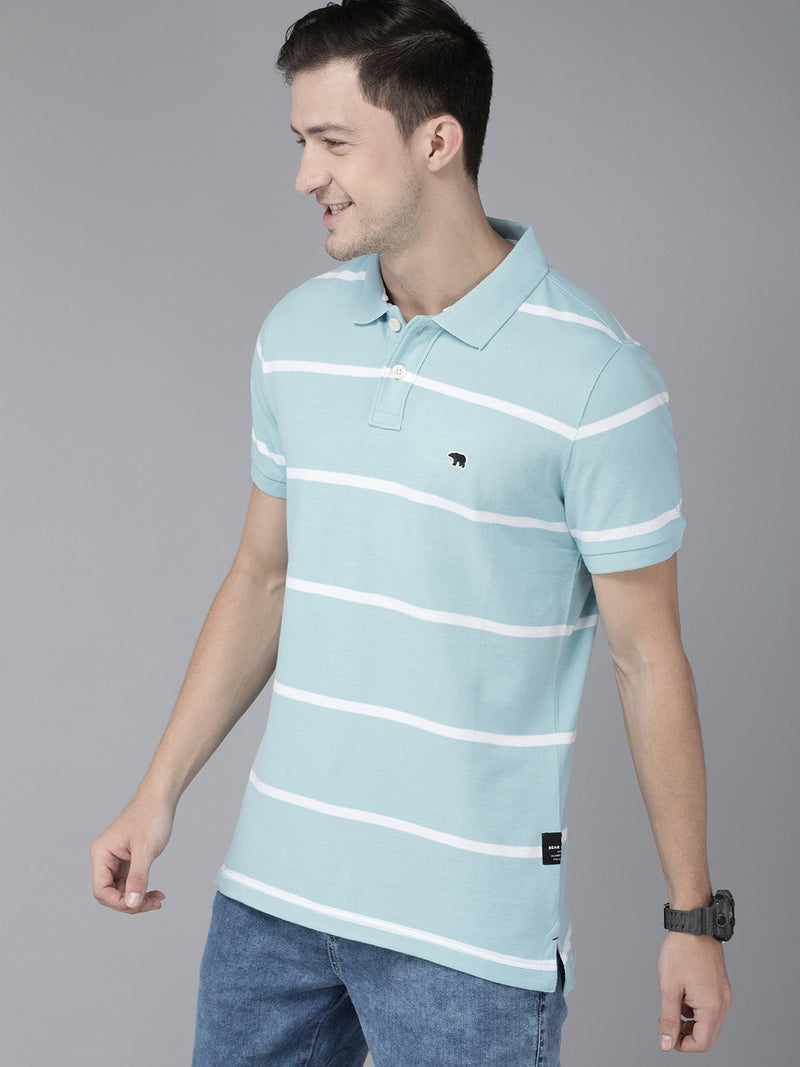 Men Blue White Striped Polo Collar T-shirt
