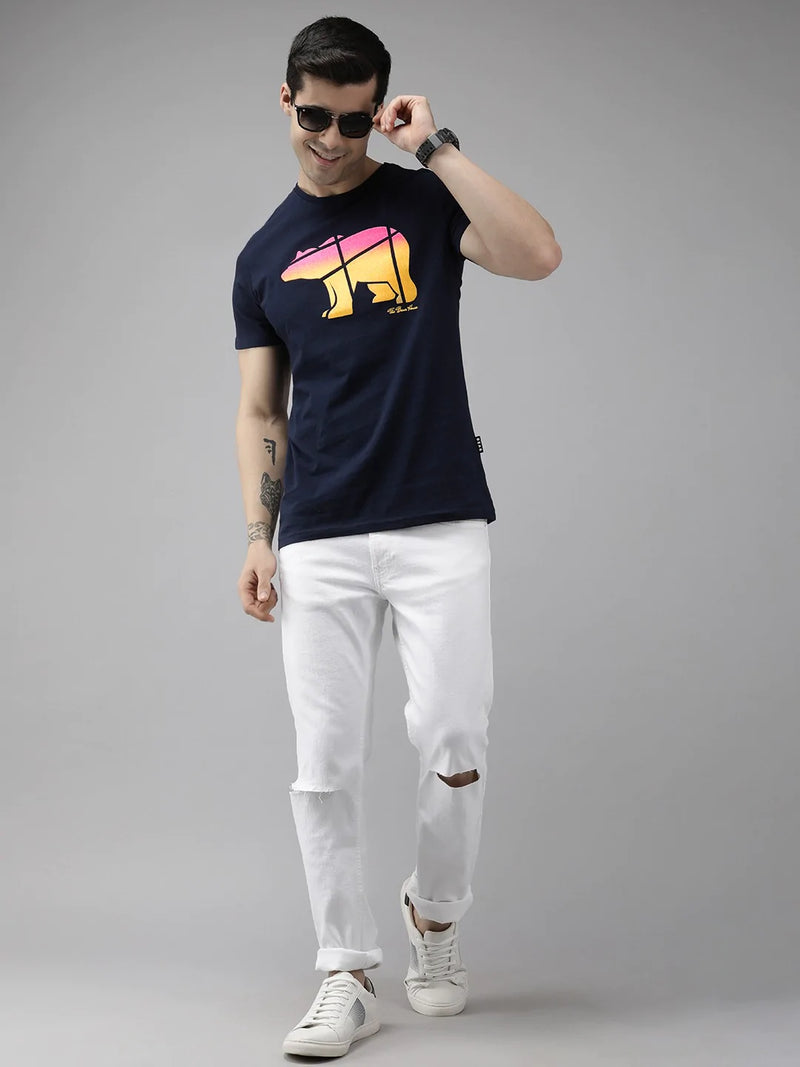 the bear house Electra Ardor by the Bear House Navy & Yellow Printed Slim Fit T-shirt