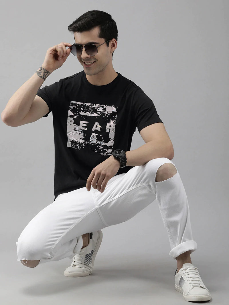 the bear house Glitchy Ardor the Bear House Men Printed Monochrome Cotton Slim Fit Tshirt