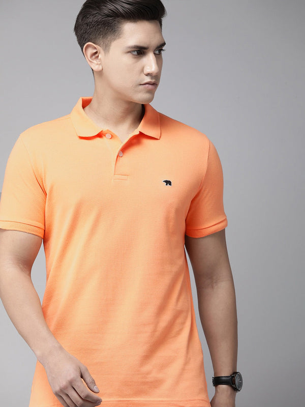 men mari orange solid slim fit polo collar pure cotton t-shirt