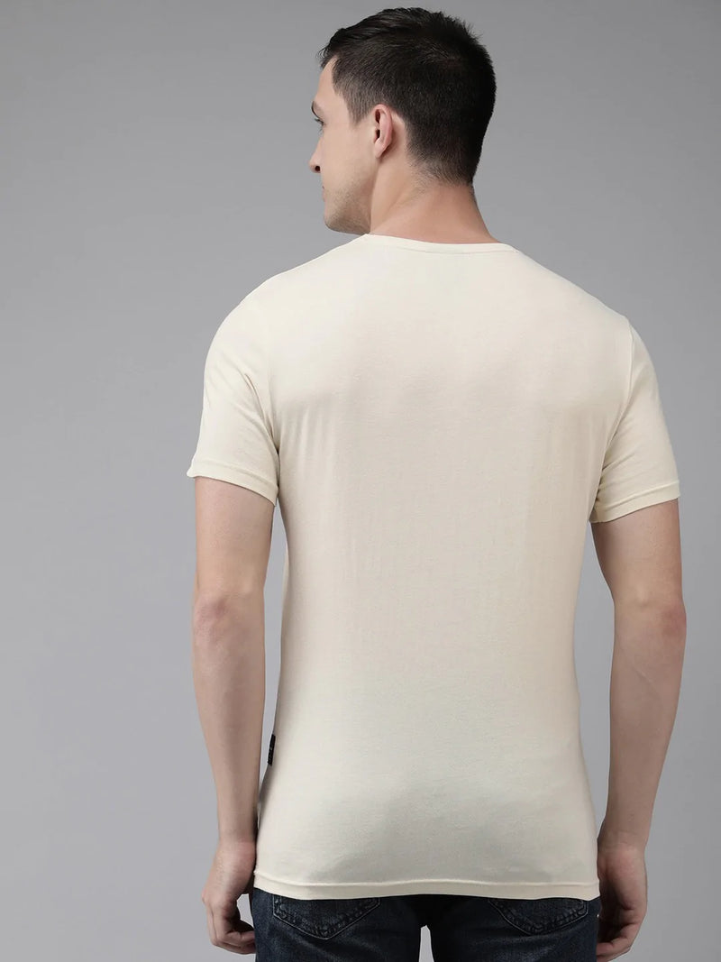 men papel cream-coloured solid slim fit pure cotton t-shirt