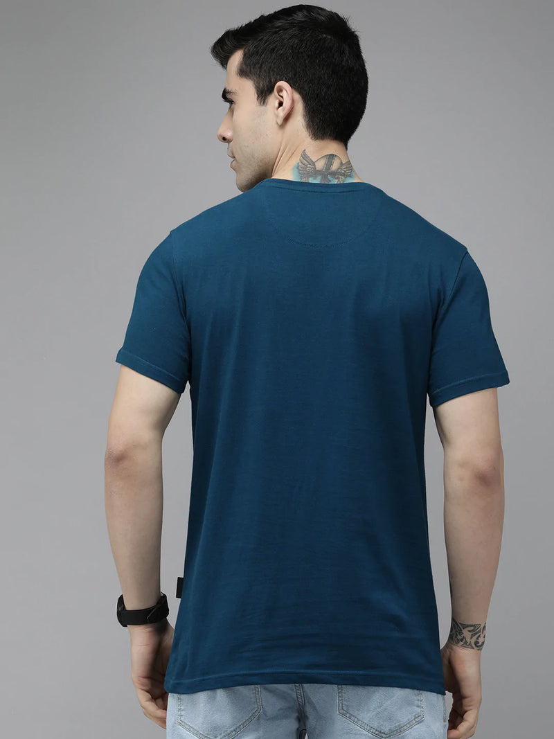 men Satelite Ardor Edition Teal Typography Printed Pure Cotton Slim Fit T-shirt
