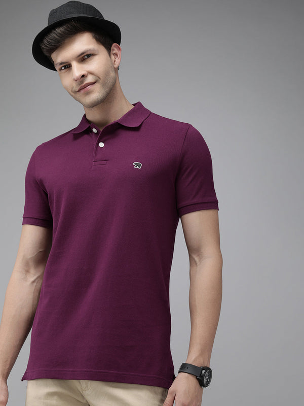 men sonne purple solid slim fit polo collar pure cotton t-shirt