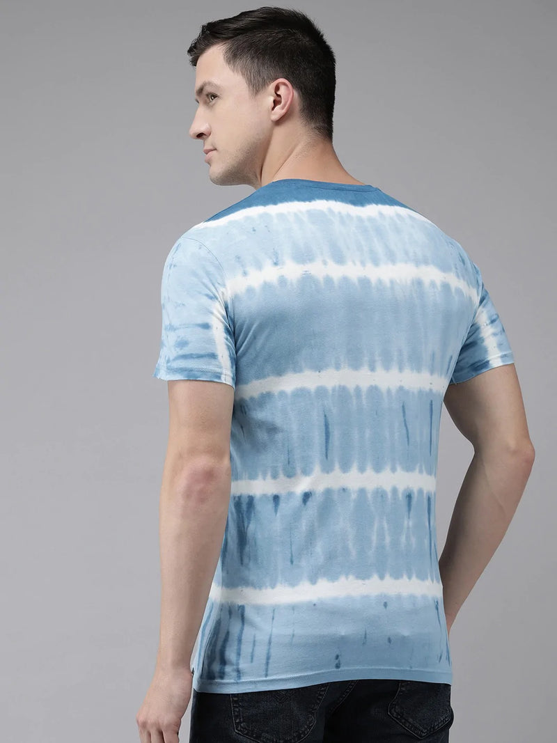 men straw blue & white tie and dye dyed slim fit cotton t-shirt