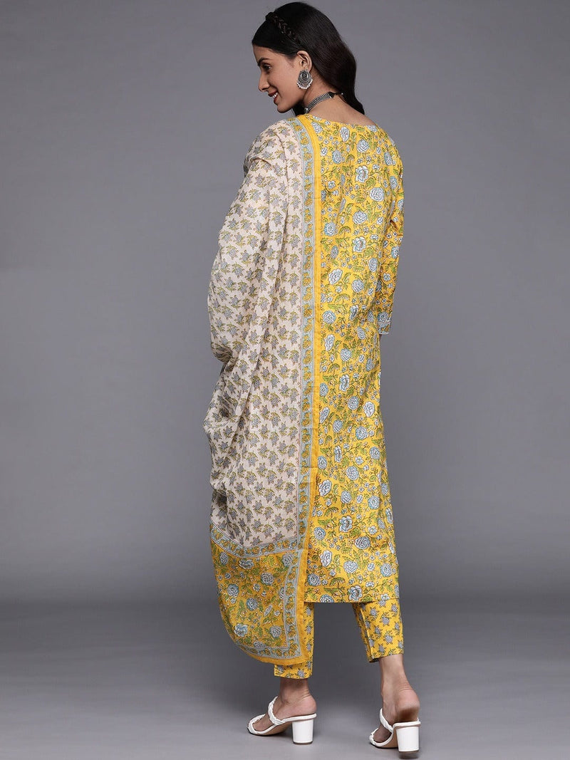 women women yellow floral printed pure cotton kurta set dupatta