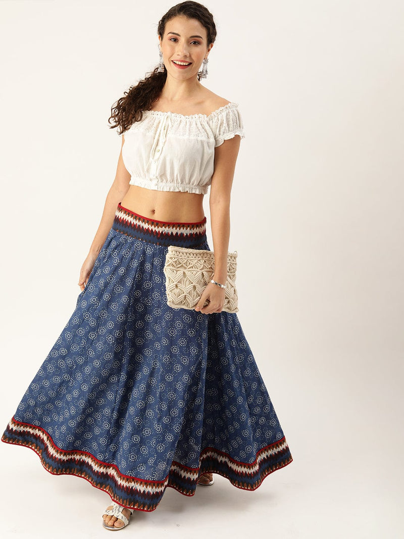 varanga navy blue white floral printed flared maxi skirt