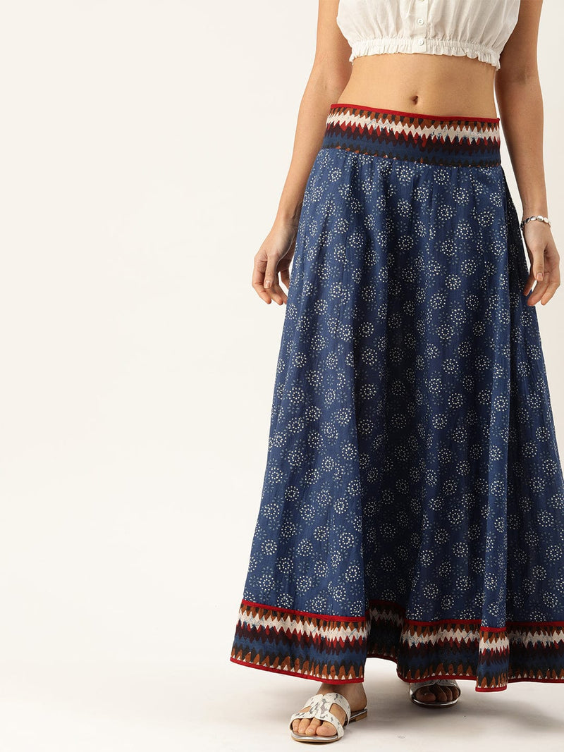 varanga navy blue white floral printed flared maxi skirt online shopping