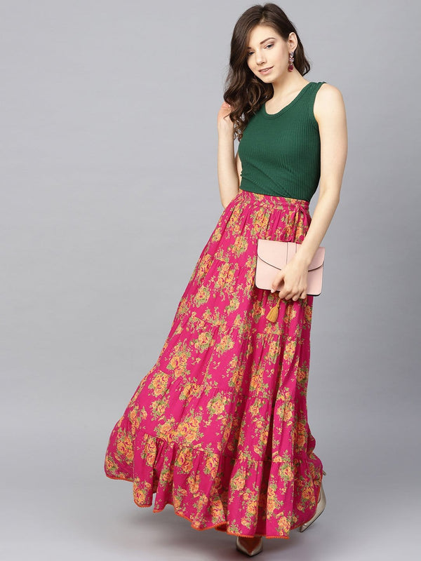 varanga fushcia floral printed tiered skirt