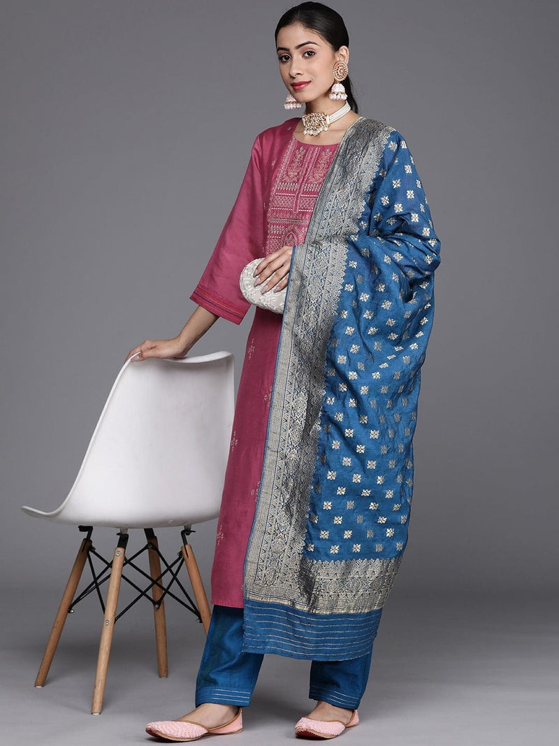 varanga pink ethnic motifs embroidered silk crepe kurta set dupatta