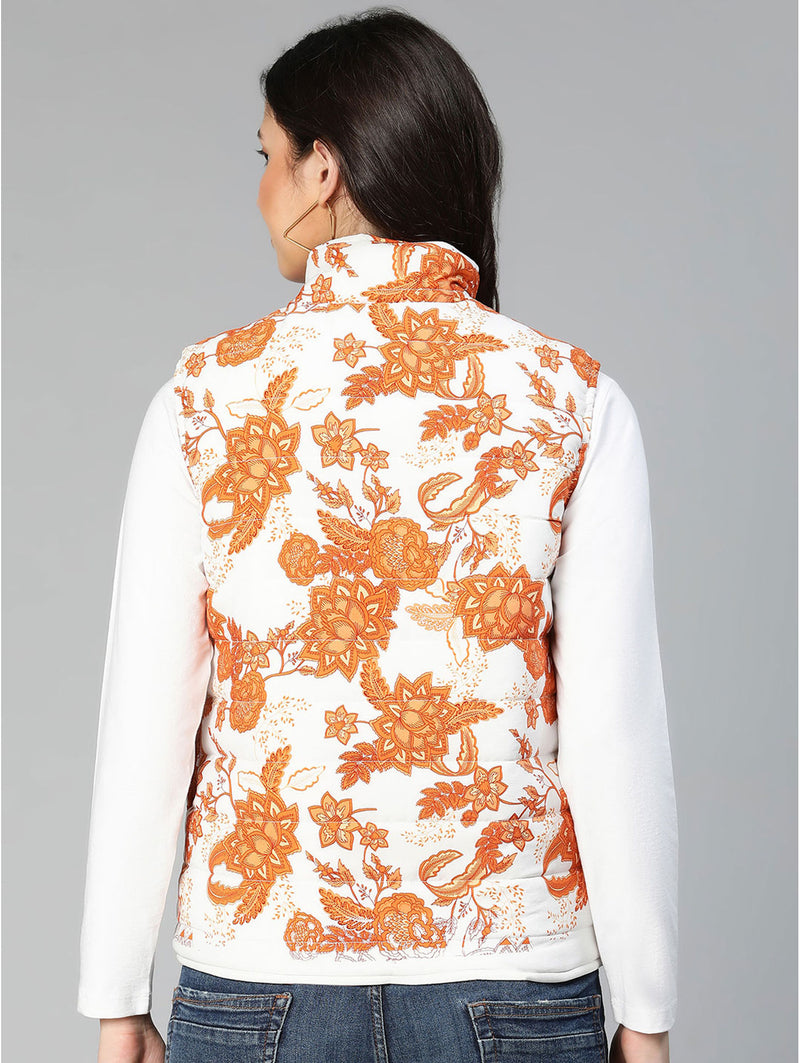 women mixed colors floral print reversible quilted jacket