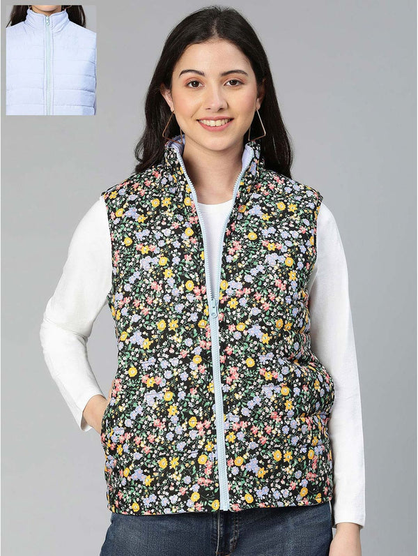 buy warmed blue floral print reversible quilted jacket