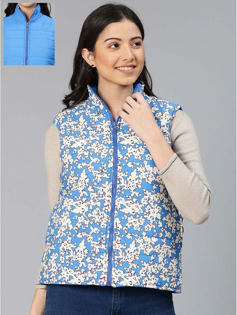 buy ignite blue floral print reversible quilted jacket