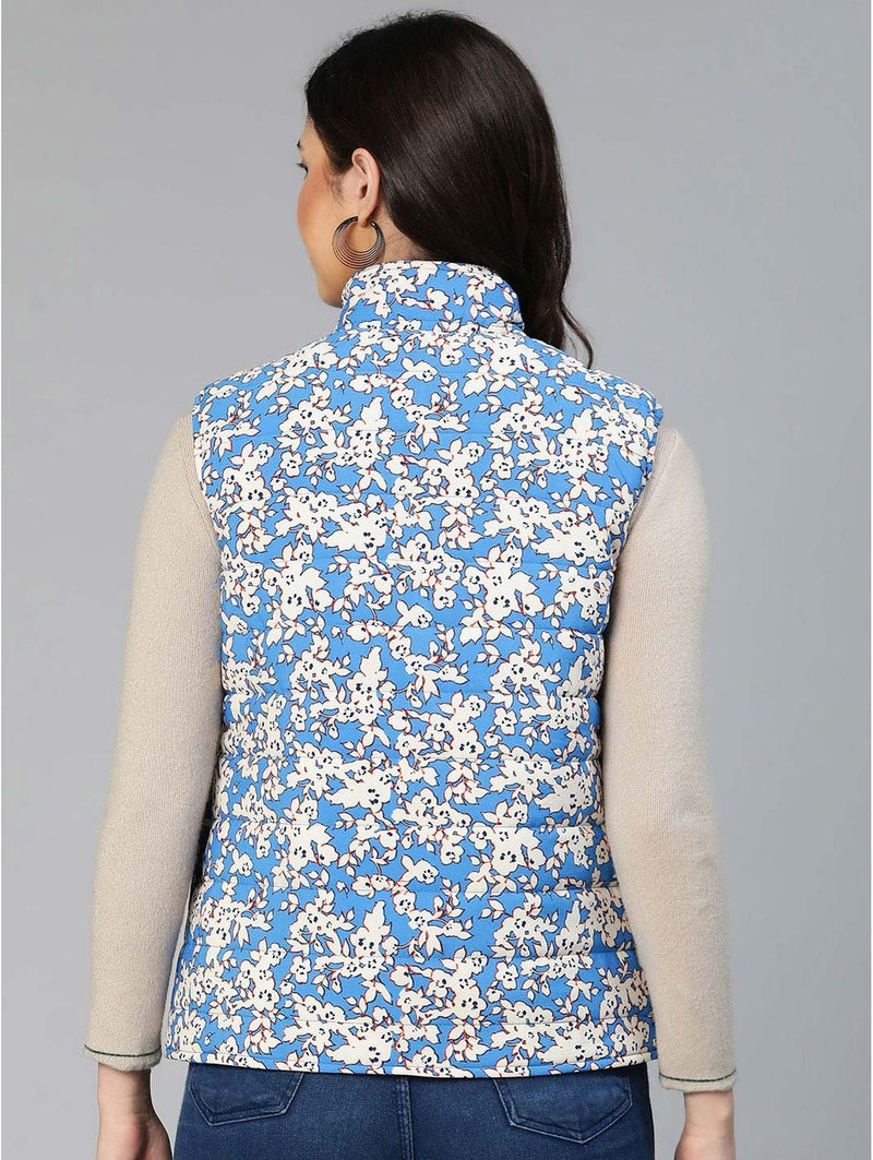 women ignite blue floral print reversible quilted jacket