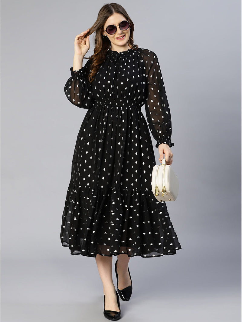 oxolloxo zeal black foil polka dot print partywear dress