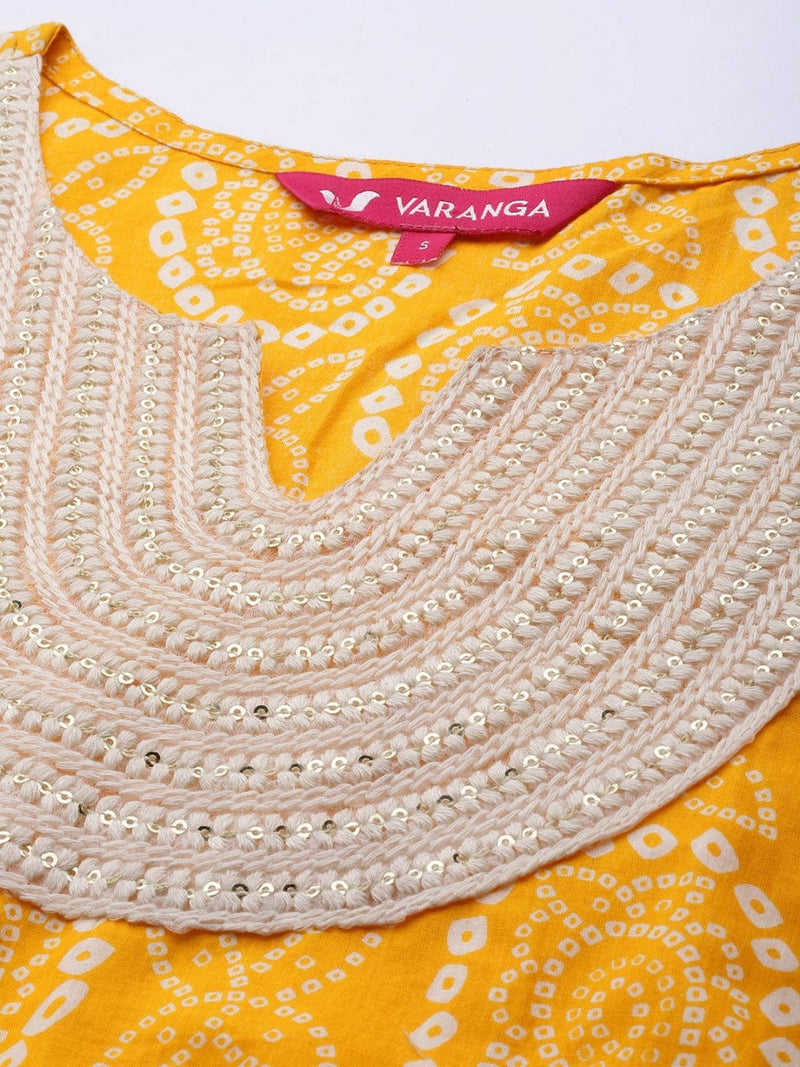 women shopping mustard yellow bandhani printed pure cotton kurta with sharara dupatta