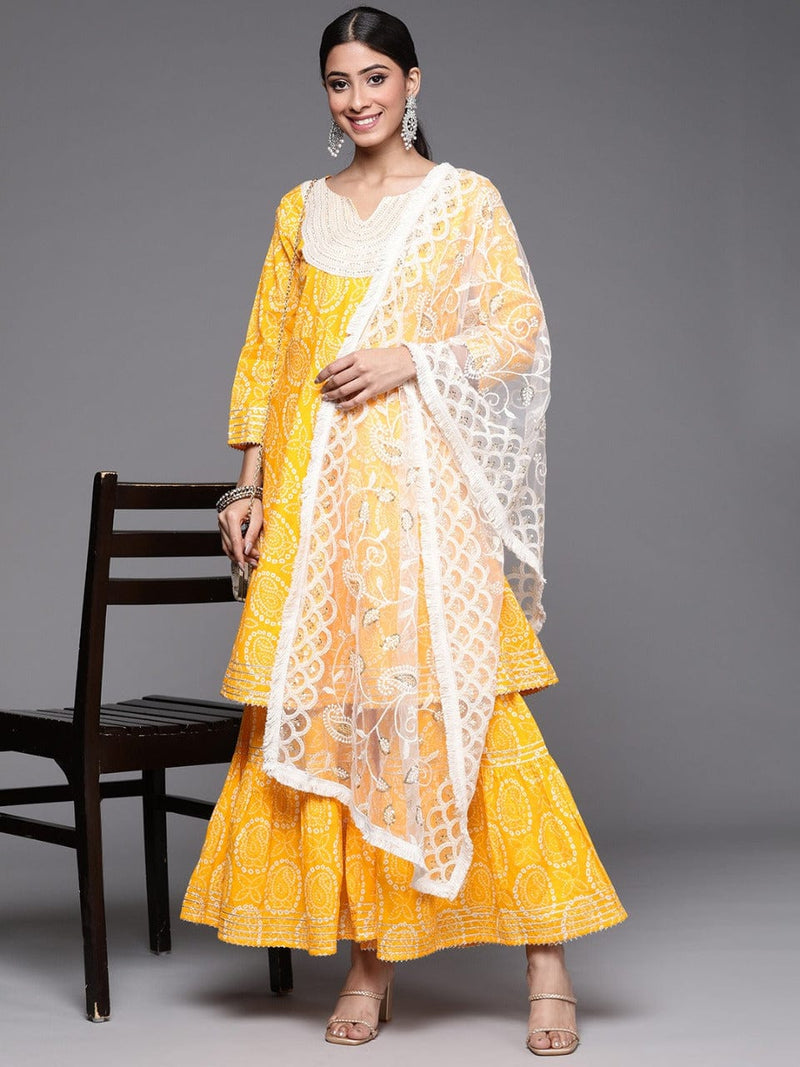 buy mustard yellow bandhani printed pure cotton kurta with sharara dupatta varanga