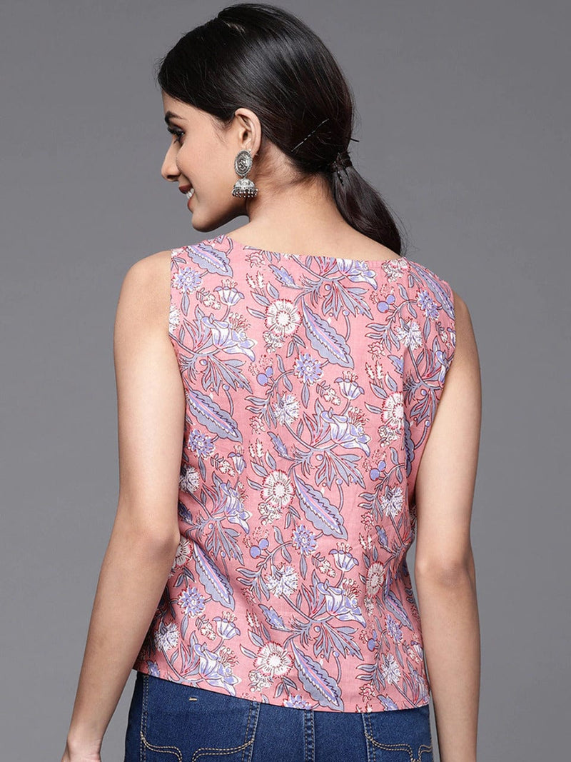 women pink blue floral print cotton top online shopping