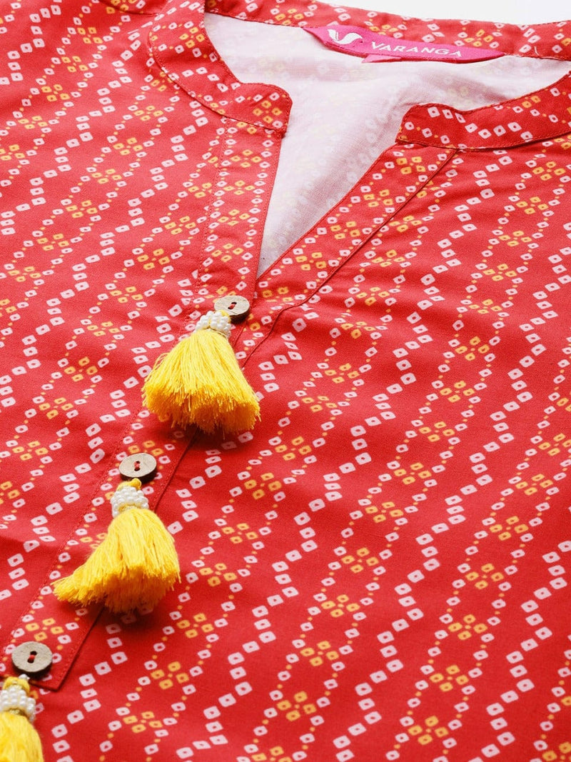 red Bandhani printed Mandarin collar Three-quarter