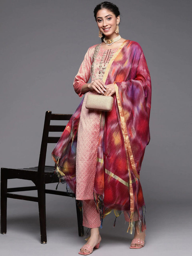 varanga women dusty pink ethnic motifs embroidered kurta dupatta