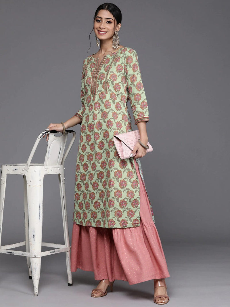 women green pink pure cotton ethnic motifs printed gotta patti kurta online shopping