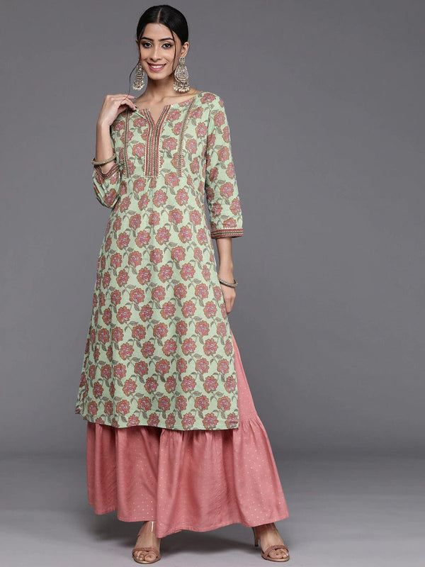 varanga women green pink pure cotton ethnic motifs printed gotta patti kurta