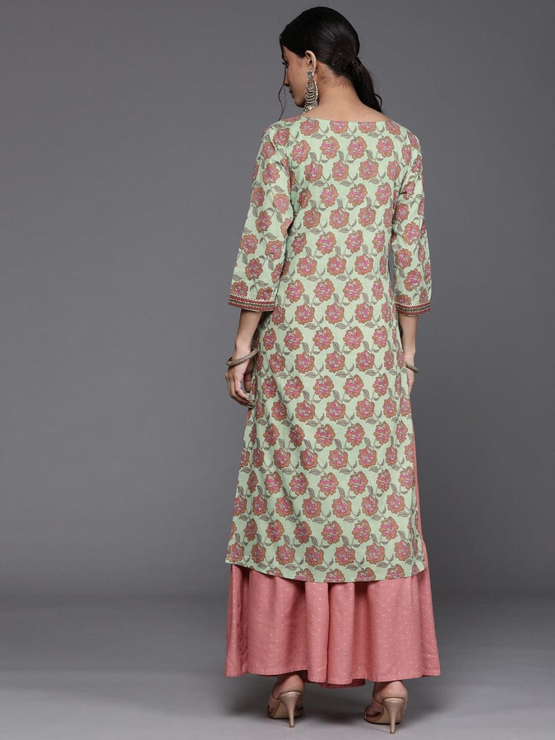women green pink pure cotton ethnic motifs printed gotta patti kurta varanga