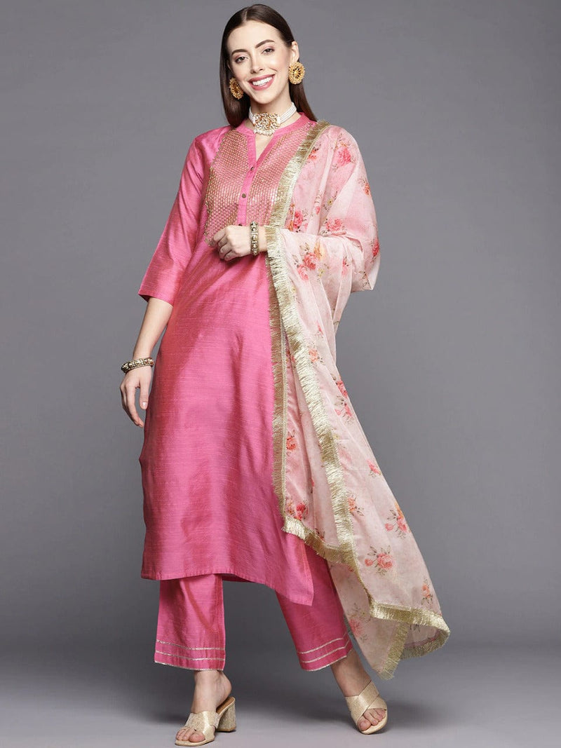 shop pink yoke design sequinned kurta set dupatta