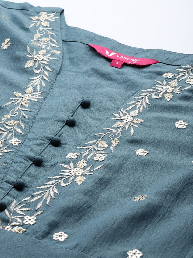women teal blue yoke design kurta set dupatta buy online