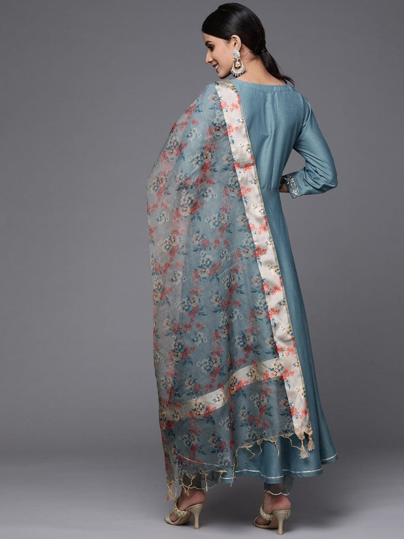 women teal blue yoke design kurta set dupatta varanga 
