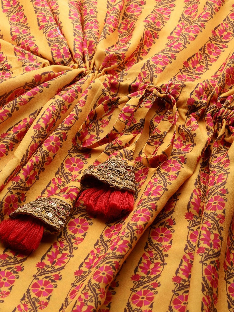 Mustard Yellow & Pink Ethnic Motifs Cotton Kurta with Trousers