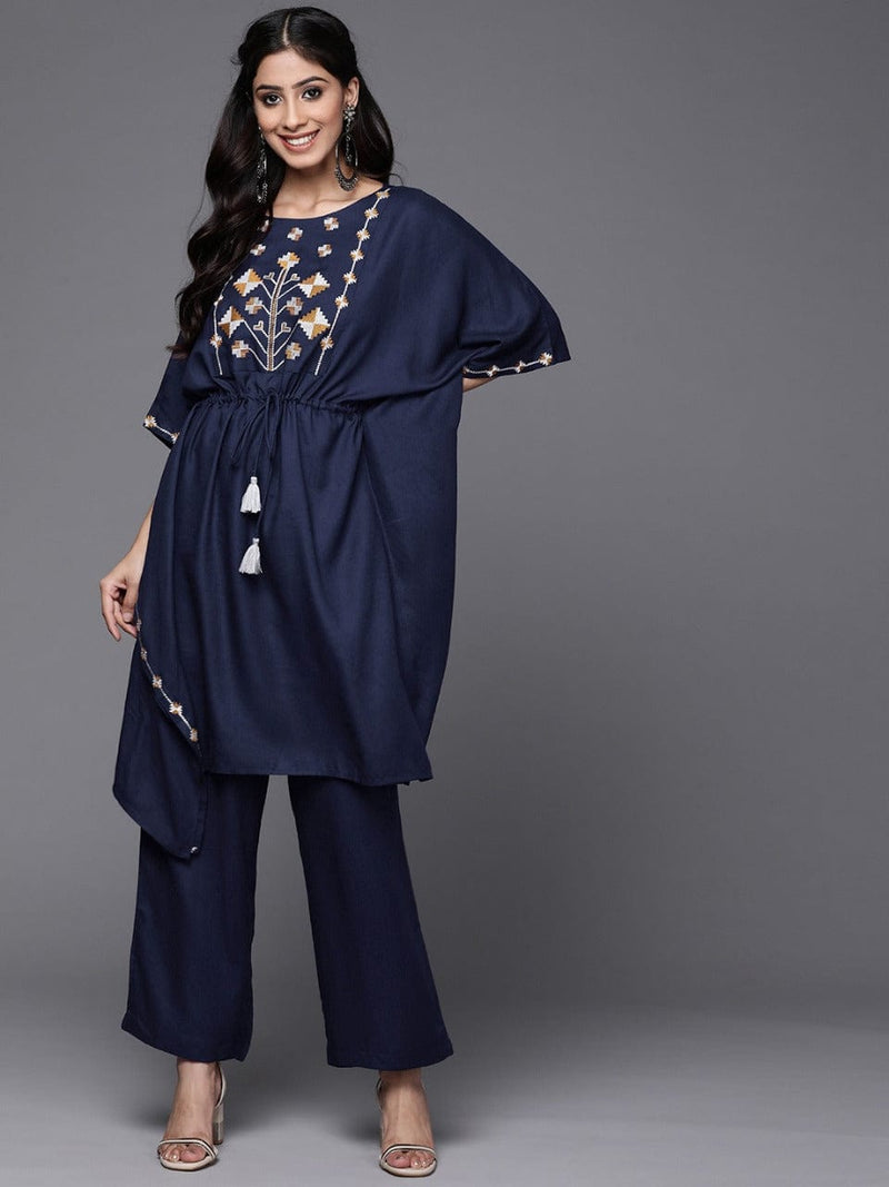 women navy blue yoke design thread work pure cotton kurta with trousers