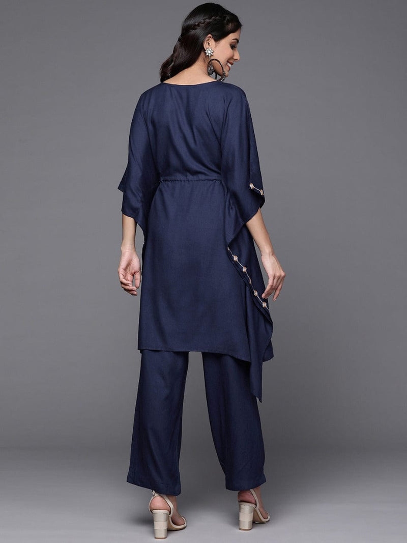 varanga navy blue yoke design thread work pure cotton kurta with trousers