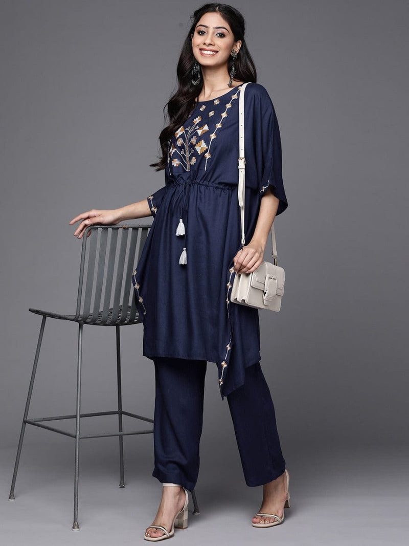 shop navy blue yoke design thread work pure cotton kurta with trousers